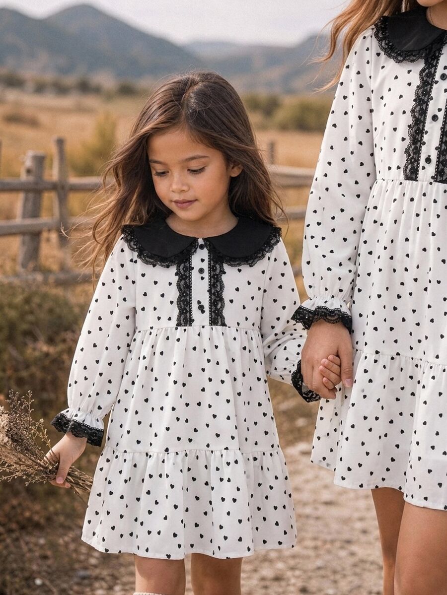 SHEIN Young Girl Kids Heart Print Contrast Lace Peter Pan Collar Long Sleeve Dress  Girls' Elegant Vintage French Style Black & White Polka Dot Dress - Multicolor - View 1
