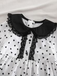 SHEIN Young Girl Kids Heart Print Contrast Lace Peter Pan Collar Long Sleeve Dress  Girls' Elegant Vintage French Style Black & White Polka Dot Dress - Multicolor - View 7