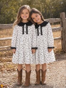 SHEIN Young Girl Kids Heart Print Contrast Lace Peter Pan Collar Long Sleeve Dress  Girls' Elegant Vintage French Style Black & White Polka Dot Dress - Multicolor - View 2