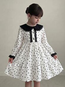 SHEIN Young Girl Kids Heart Print Contrast Lace Peter Pan Collar Long Sleeve Dress  Girls' Elegant Vintage French Style Black & White Polka Dot Dress - Multicolor - View 8