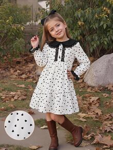 SHEIN Young Girl Kids Heart Print Contrast Lace Peter Pan Collar Long Sleeve Dress  Girls' Elegant Vintage French Style Black & White Polka Dot Dress - Multicolor - View 9