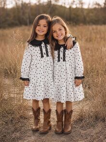 SHEIN Young Girl Kids Heart Print Contrast Lace Peter Pan Collar Long Sleeve Dress  Girls' Elegant Vintage French Style Black & White Polka Dot Dress - Multicolor - View 3
