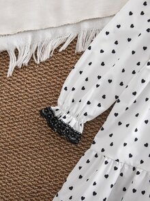 SHEIN Young Girl Kids Heart Print Contrast Lace Peter Pan Collar Long Sleeve Dress  Girls' Elegant Vintage French Style Black & White Polka Dot Dress - Multicolor - View 6