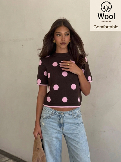 Siren Gaze Women Brown Pink Polka Dot Short Sleeve Casual Knit Top Fall Autumn Streetwear Ruffle Formal Elegant Birthday Wedding Festival Y2k Western Wool Work