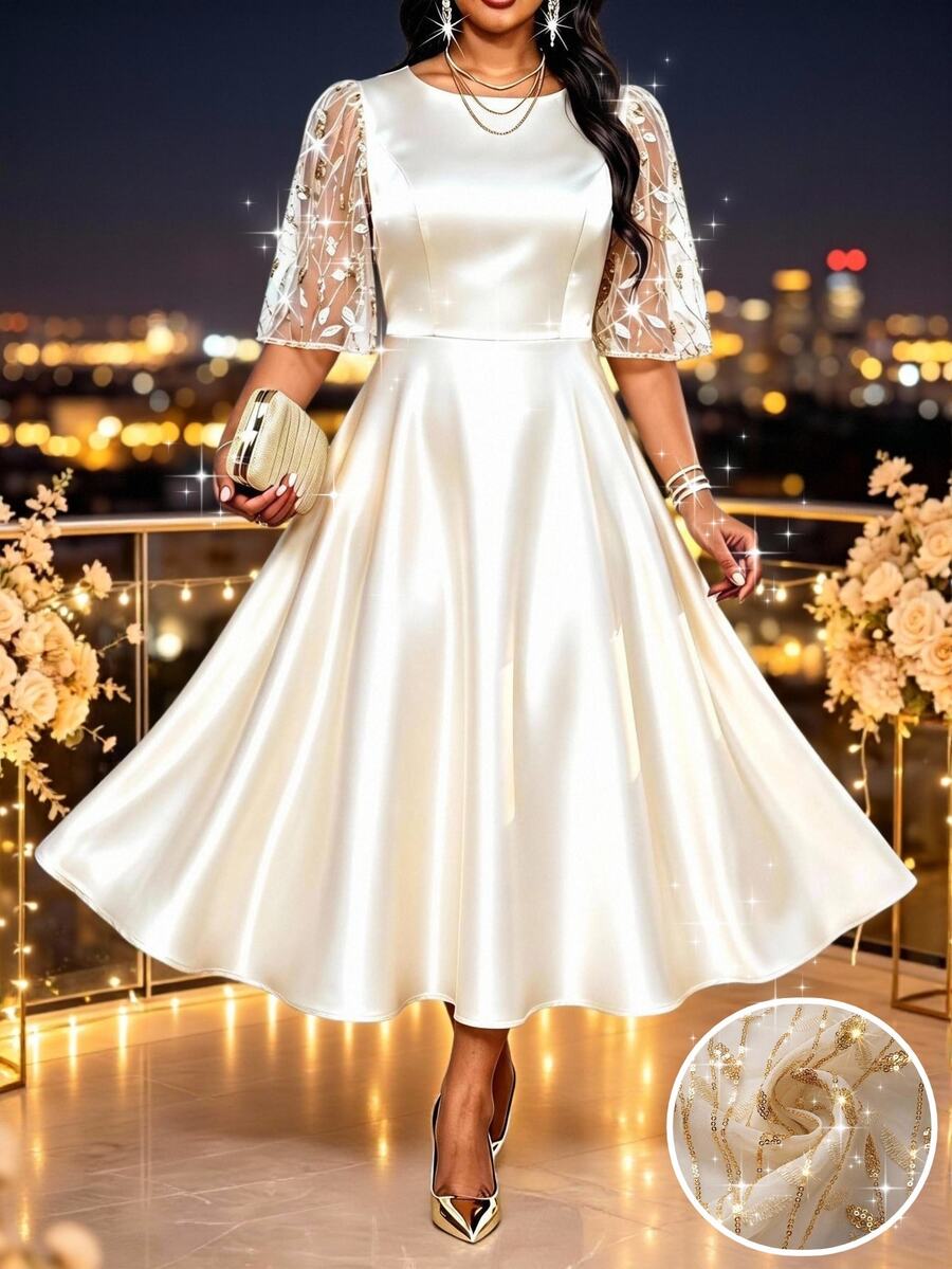 SHEIN Lady 大尺碼女款花卉刺繡圖案休閒優雅派對正式新娘母親婚禮禮服 香檳色 夏季 - 杏色 - 查看 1