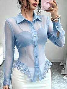 SHEIN Raffinéa 女款優雅通勤純色蕾絲拼接上衣 - 藍色 - 查看 5