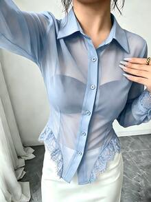 SHEIN Raffinéa 女款優雅通勤純色蕾絲拼接上衣 - 藍色 - 查看 3