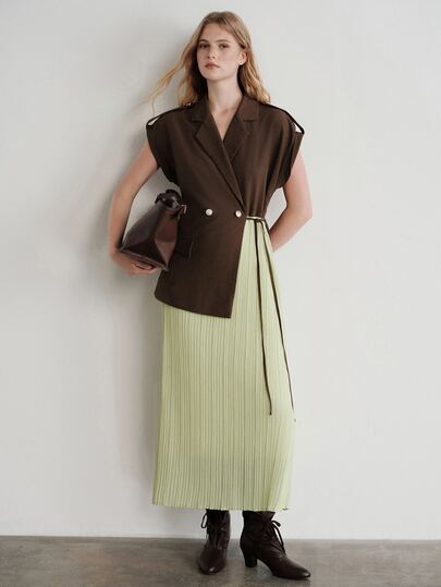 Aveloria Modichic Summer/Autumn Brown Colorblock Sleeveless Dropped Shoulder Blazer Lapel Tie-Front 2 In 1 Pleated Heavy-Hem Skirt Dress Commuter Avant-Garde Minimalist