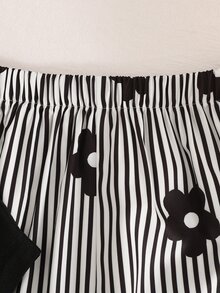SHEIN 女童 2 件套休閒寬鬆落肩袖圓領花卉印花針織 T 恤與黑白條紋花卉印花寬腿直筒褲，女孩套裝兒童套裝 - 黑與白 - 查看 4