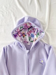 SHEIN 大童女孩灰色長袖（大碼）可愛甜美度假休閒百搭花朵蝴蝶結印花雙層連帽前開襟拉鍊口袋寬鬆夾克 - 紫色 - 查看 5