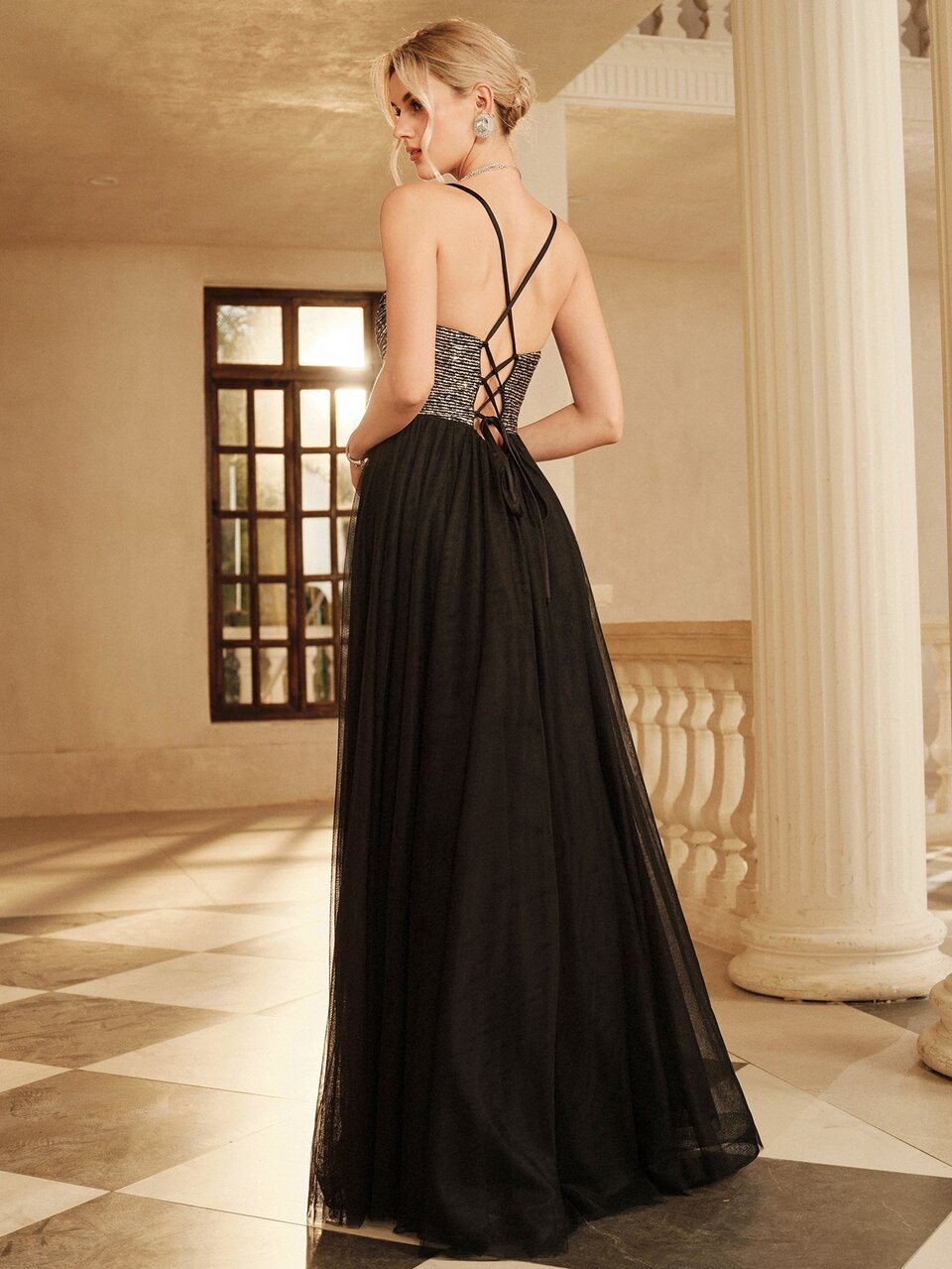 Women's Elegant Sequin Patchwork Mesh Fabric Sexy Sleeveless Back Cross Tie Adjustable Evening Gown Dress