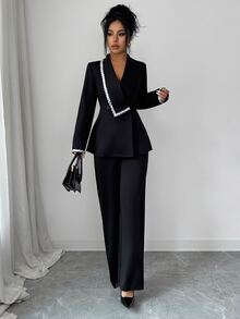 Elenzga 女款兩件套，修身百褶領西裝外套搭配珠飾袖口寬腿褲，優雅休閒成熟風，適合辦公室、晚餐、商務場合，黑色 - 黑色 - 查看 7