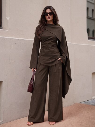 Lumalex Fall Winter Women's Blazer Suit Set With Shawl Collar, Ribbon Tie, Bell Sleeves, Metal Buckle, Pleated Cinched Waist, High Waist, Straight Leg