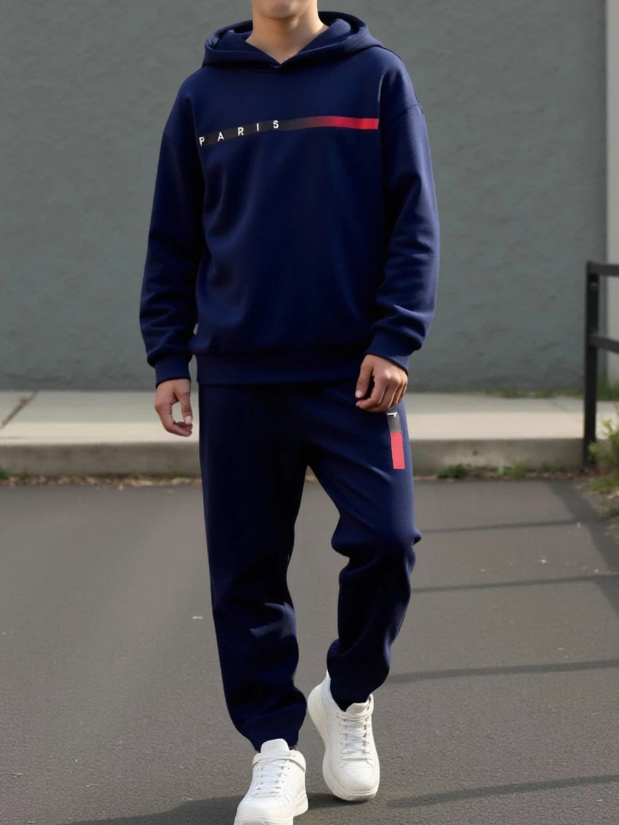 SHEIN Tween Boy 休闲百搭巴黎字母图案连帽卫衣 帽衫和裤子两件套 适合通勤上学,日常休闲旅行,适合运动度假旅行,适合运动,适合春秋冬 - 彩色 - 查看 1