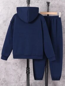 SHEIN Tween Boy 休闲百搭巴黎字母图案连帽卫衣 帽衫和裤子两件套 适合通勤上学，日常休闲旅行，适合运动度假旅行，适合运动，适合春秋冬 - 彩色 - 查看 2