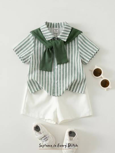 Cozy Pixies 3pcs Baby Boy Set: Solid Color Shawl Collar Striped Short Sleeve Cardigan Shirt And Elastic Waist Shorts