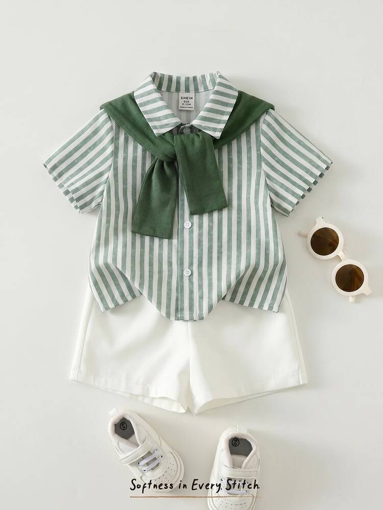 Cozy Pixies 3pcs Baby Boy Set: Solid Color Shawl Collar Striped Short Sleeve Cardigan Shirt And Elastic Waist Shorts - Green - View 1