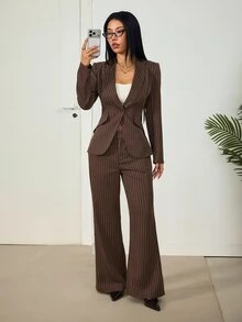 Vivamere 女款條紋單排扣長袖夾克與長褲休閒日常套裝 - 棕色 - 查看 5