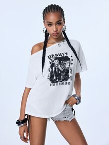 Y2Kool Women's White Summer New Loose Open Shoulder Short Sleeve Portrait Print T-Shirt, Personalized Fashion Casual Techno Rave Versatile Night Out - White - View 3