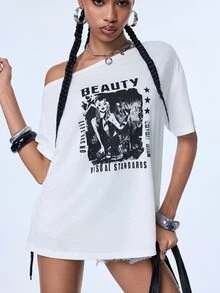Y2Kool Women's White Summer New Loose Open Shoulder Short Sleeve Portrait Print T-Shirt, Personalized Fashion Casual Techno Rave Versatile Night Out - White - View 2