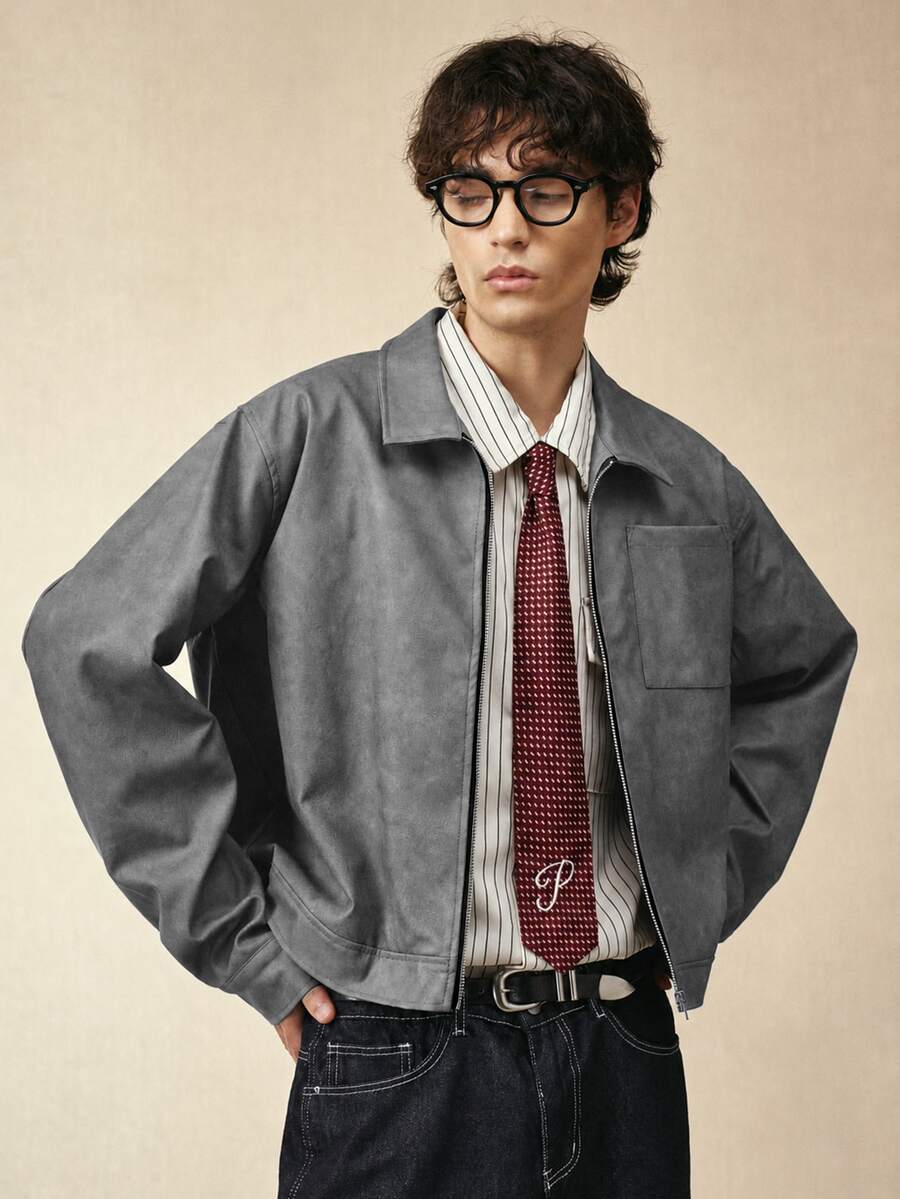 Sonviro Manfinity Streetrush 男士深灰色 PU 皮革夾克,秋季休閒城市度假街頭風短版拉鍊工作夾克,保暖冬季 - 灰色 - 查看 1