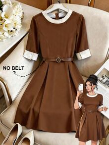 GlowEve CURVE Women's Spring/Summer Solid Color Round Neck Short Sleeve Elegant Minimalist Dress - Multicolor - View 7