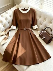 GlowEve CURVE Women's Spring/Summer Solid Color Round Neck Short Sleeve Elegant Minimalist Dress - Multicolor - View 4