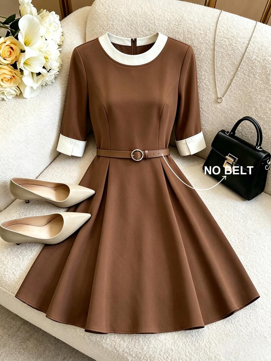 GlowEve CURVE Women's Spring/Summer Solid Color Round Neck Short Sleeve Elegant Minimalist Dress - Multicolor - View 1