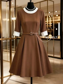 GlowEve CURVE Women's Spring/Summer Solid Color Round Neck Short Sleeve Elegant Minimalist Dress - Multicolor - View 1