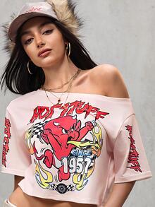 SHEIN HOT STUFF Women's Casual Sexy Cartoon Pattern Asymmetrical Neck Short Sleeve T-Shirt, Summer Golf Lilac - Apricot - View 6