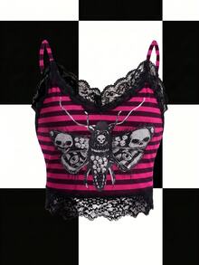 Y2Kool Robin Black And Pink Colorblock Gradient Lace Patchwork Bee Skull Foil Print Halloween Y2K Grunge Gothic Punk Women's Fitted Cropped Tank Top Set, Summer - Pink - View 6