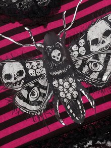 Y2Kool Robin Black And Pink Colorblock Gradient Lace Patchwork Bee Skull Foil Print Halloween Y2K Grunge Gothic Punk Women's Fitted Cropped Tank Top Set, Summer - Pink - View 5