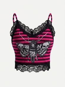 Y2Kool Robin Black And Pink Colorblock Gradient Lace Patchwork Bee Skull Foil Print Halloween Y2K Grunge Gothic Punk Women's Fitted Cropped Tank Top Set, Summer - Pink - View 4