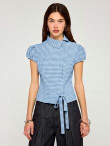 COUREZ 格紋泡泡袖不對稱襯衫，附領結裝飾，Y2K 秋季女款街頭休閒上衣，派對電音節可愛上衣 - 藍色 - 查看 2