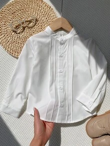 SHEIN 大童男孩幼童男孩秋冬上衣襯衫，奶油白色立領長袖梭織襯衫，舒適百搭時尚休閒日常條紋圖案極簡基礎款，適合室內、戶外滑雪、日常、運動、玩耍、派對、拍照、萬聖節、聖誕節、返校季 - 白色 - 查看 5