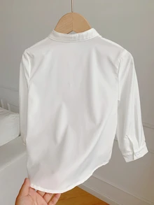 SHEIN 大童男孩幼童男孩秋冬上衣襯衫，奶油白色立領長袖梭織襯衫，舒適百搭時尚休閒日常條紋圖案極簡基礎款，適合室內、戶外滑雪、日常、運動、玩耍、派對、拍照、萬聖節、聖誕節、返校季 - 白色 - 查看 3
