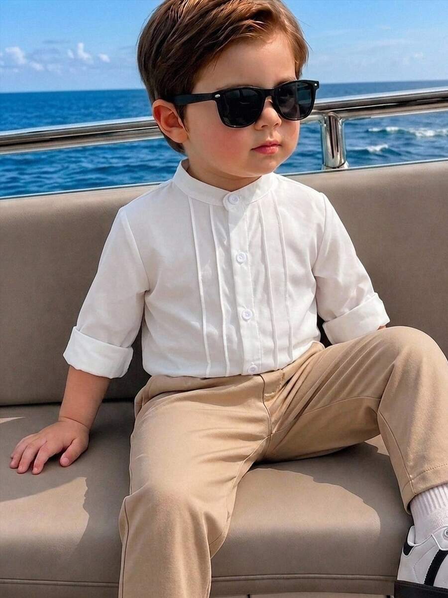 SHEIN 大童男孩幼童男孩秋冬上衣襯衫，奶油白色立領長袖梭織襯衫，舒適百搭時尚休閒日常條紋圖案極簡基礎款，適合室內、戶外滑雪、日常、運動、玩耍、派對、拍照、萬聖節、聖誕節、返校季