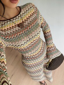 Siren Gaze 女款波浪條紋長袖露背綁帶修身時尚長洋裝 - 彩色 - 查看 3
