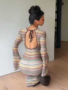 Siren Gaze 女款波浪條紋長袖露背綁帶修身時尚長洋裝 - 彩色 - 查看 4