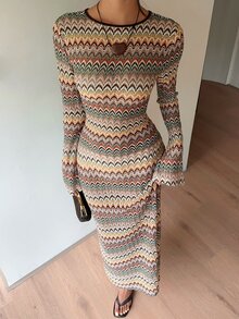 Siren Gaze 女款波浪條紋長袖露背綁帶修身時尚長洋裝 - 彩色 - 查看 6