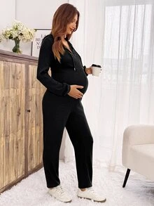 Slowluna Mono de maternidad de color liso con cremallera delantera, cordón y capucha para lactancia - Negro - Ver 10