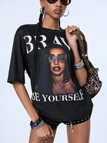 Y2Kool Women's Black Summer New Character Print Short Sleeve T-Shirt, Fashion Casual Versatile - Black - View 6