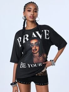 Y2Kool Women's Black Summer New Character Print Short Sleeve T-Shirt, Fashion Casual Versatile - Black - View 4
