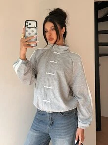 女款秋季灰色條紋側拉鍊運動外套，中式盤扣立領休閒街頭運動夾克 - 灰色 - 查看 6