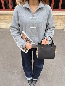 女款秋季灰色條紋側拉鍊運動外套，中式盤扣立領休閒街頭運動夾克 - 灰色 - 查看 4