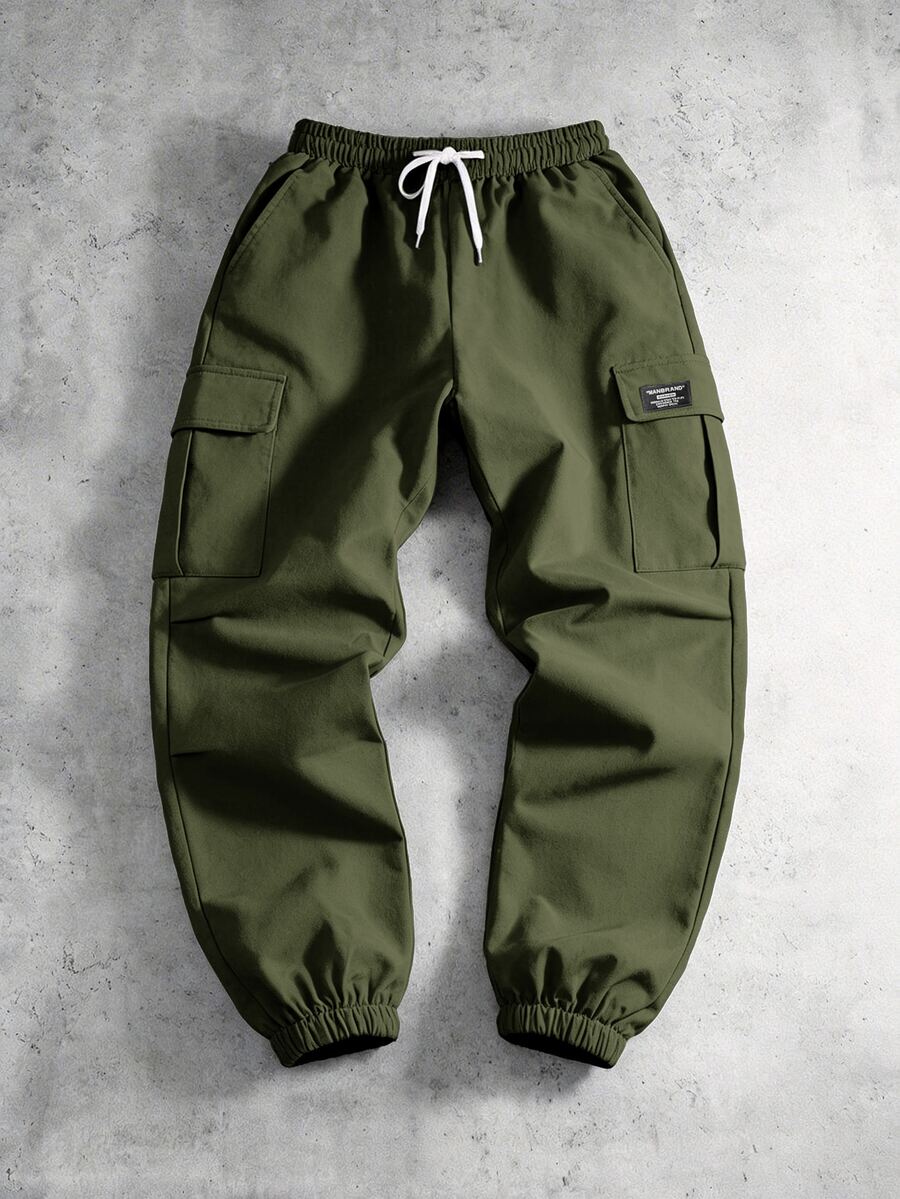 PAVTROS Plus Size Men's Letter Graphic Drawstring Waist Cargo Pocket Jogger Pants Baggy Men Streetwear Manfinity Army Green - Army Green - View 1