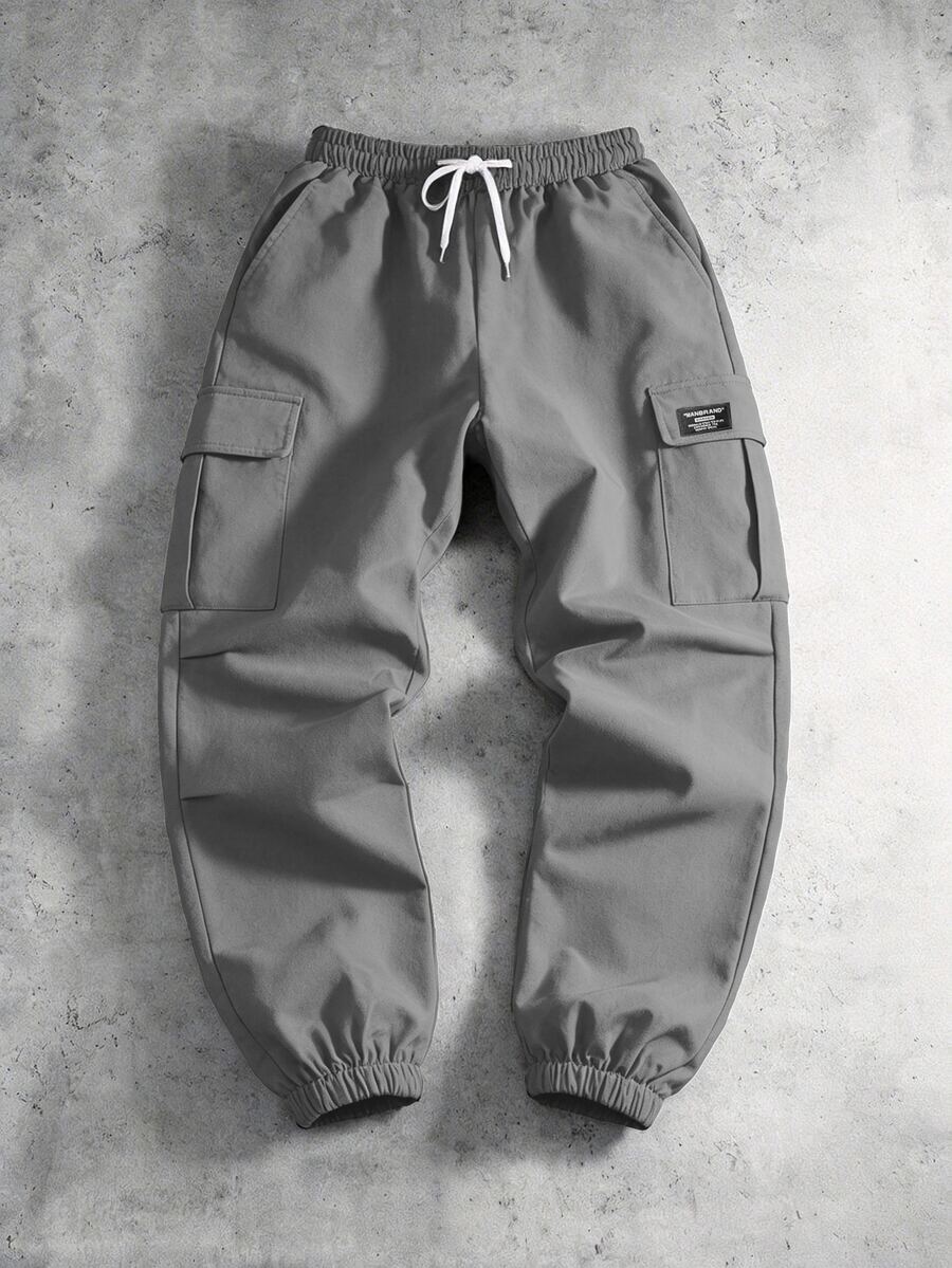 Manfinity Roghcode Plus Size Men's Letter Graphic Drawstring Waist Casual Cargo Pants - Grey - View 1