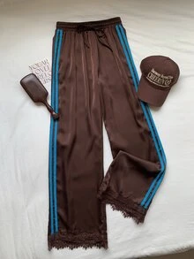 Comfortcana 女款棕色絲綢蕾絲飾邊舒適休閒長褲，配對比色側條紋，適合 - 棕色 - 查看 7