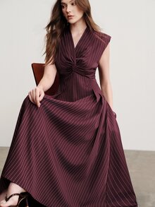 Aveloria Modichic Striped Fabric, Elegant French Design Knot Decor Fashion Versatile Full Skirt Long Dress Brunch Tea Party Burgundy Summer - Burgundy - View 6