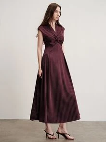 Aveloria Modichic Striped Fabric, Elegant French Design Knot Decor Fashion Versatile Full Skirt Long Dress Brunch Tea Party Burgundy Summer - Burgundy - View 5